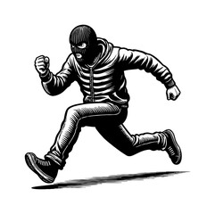 Fototapeta premium Man Wearing Balaclava Running Fast Hand Drawn Engraving Vector Illustration Black and White