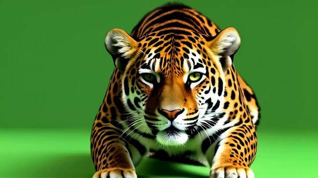 Close-up of a jaguar's intense gaze against a vibrant green backdrop, ideal for wildlife documentaries, nature publications, or zoo advertising concepts