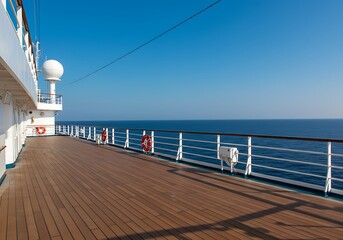 Obraz premium A serene ocean vista unfolds from a cruise ship's deck, the warm wood gleaming under a brilliant blue sky.
