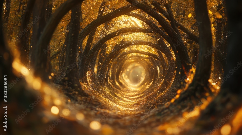 Poster forest trees form a mesmerizing spiral pattern, with golden light pouring through the gaps between l