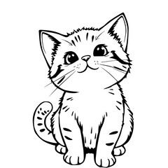 Obraz premium Kitten cartoon sitting with cute facial expression and striped fur pattern in black and white illustration style.