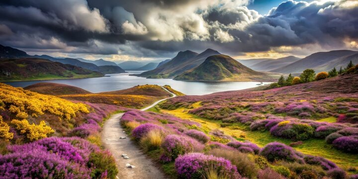 A winding path leads through a vibrant field of purple and yellow wildflowers, framed by rolling hills and a tranquil lake, as dramatic clouds gather overhead.