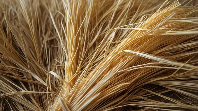 Golden, beige, and yellow Raffia fiber collected for creating a flower crown. The fiber is sourced from R. taedigera. Craft idea.