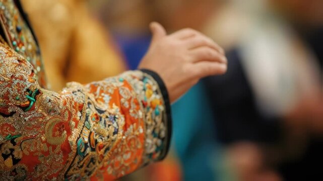 A closeup of a distinguished diplomats hand gesturing expressively while speaking with intricate embroidery on the sleeve of a traditional attire in the foreground emphasizing the cultural