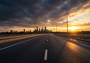 A long highway stretches towards a breathtaking sunset cityscape, promising adventure and a journey into the unknown under a dramatic sky.