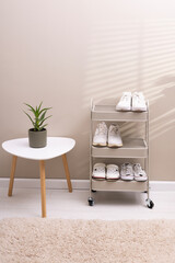 Stylish interior of modern hall with shoes on stand