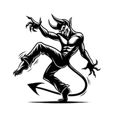 Fototapeta premium A Devil Character Grinning with Sharp Teeth Doing a Dance in Black and White Illustration