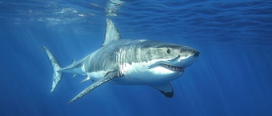 Fototapeta premium Majestic Great White Shark Gliding Through Deep Blue Ocean Waters Sunlight Streams Down Underwater Predator