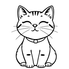 Obraz premium Cat cartoon illustration with closed eyes and collar sitting relaxed, featuring simple black lines and minimal details.