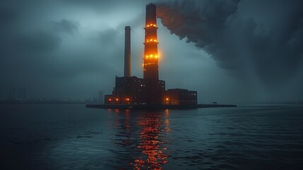 Industrial Factory by the Water with Illuminated Smokestacks at Night