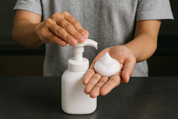 泡タイプの石鹸で手のひらにしっかり泡出し.