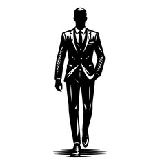 A Stylish Man in Suit Walking Confidently Black and White Silhouette Isolated on White