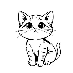 Cute Cat Illustration Black and White Line Art
