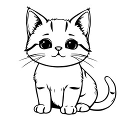 Cute Kitten Outline: A delightful black and white illustration of a charming kitten with captivating eyes, exuding innocence and playful curiosity.