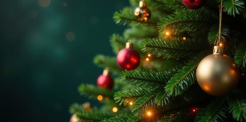 Obraz premium Evergreen Christmas tree with ornaments and lights, festive atmosphere, christmas decorations, evergreen christmas tree