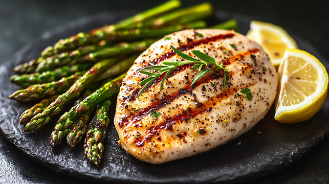 p: a close-up of a grilled spring chicken breast served with a side of roasted asparagus and lemon w