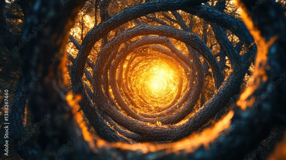 Poster forest trees form a mesmerizing spiral pattern, with golden light pouring through the gaps between l