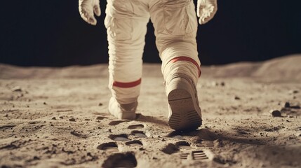 An astronaut walks on the lunar surface, leaving footprints in the moon dust, symbolizing exploration and human achievement in space.