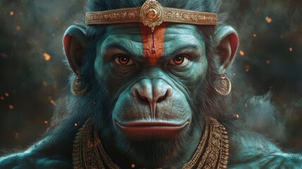Intense primate deity: gaze of courage & wisdom with ornate headdress and jewelry in the dark, embers floating in the atmosphere.