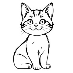 Cartoon Cat Black and White Line Art Sitting