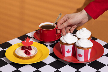 Canada Day traditional food concept. A girl in a classy cafe eats in Canada. Breakfast and lunch.