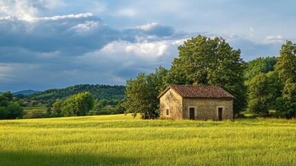 Obraz premium Rustic stone cottage nestled in a golden meadow under a dramatic cloudy sky, embraced by lush green trees and rolling hills.