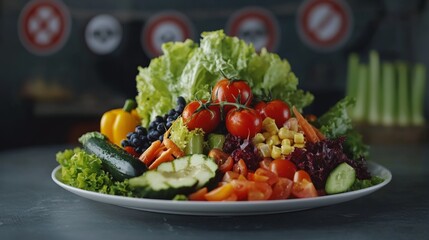 A plate of meticulously arranged vegetables with a cracked edge, symbolizing the risks of extreme clean eating.