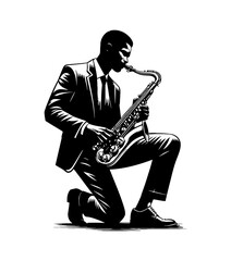 Silhouette of Man Playing Saxophone While Kneeling, in Detailed Black and White Line Art