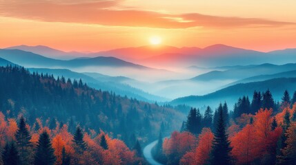 Obraz premium Serene Mountain Vista at Sunrise with Autumnal Forest and Misty Valleys Capturing the Tranquil Beauty and Scenic Landscape