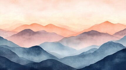Watercolor mountain range: a gradient of tranquility from soft peach dawn to deep indigo valleys.