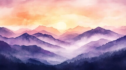 Obraz premium Watercolor sunrise over misty mountain ridges: a serene landscape of purple and orange hues.