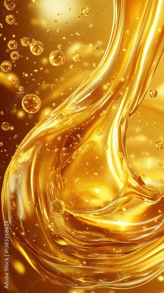 Poster captivating golden liquid swirl with floating bubbles against a warm background showcasing viscosity
