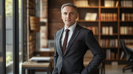 Confident lawyer in a suit exudes professionalism and authority in a modern office setting.