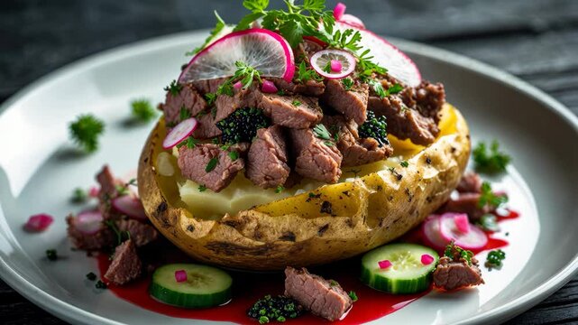 Gourmet dish with a potato foundation, garnished with meat, herbs, radish slices, and caviar, presented on a white plate. Ideal for culinary showcases and food videography.