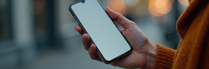 Female hand holding a smartphone with an empty screen, focusing on the device, phone, focus, female