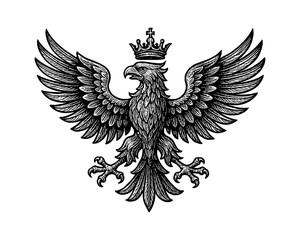 Obraz premium Majestic Eagle Wearing a Crown with Open Wings Detailed Engraving Style on White Background