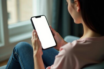 Female figure sits in armchair holding blank smartphone screen , female, screen, empty