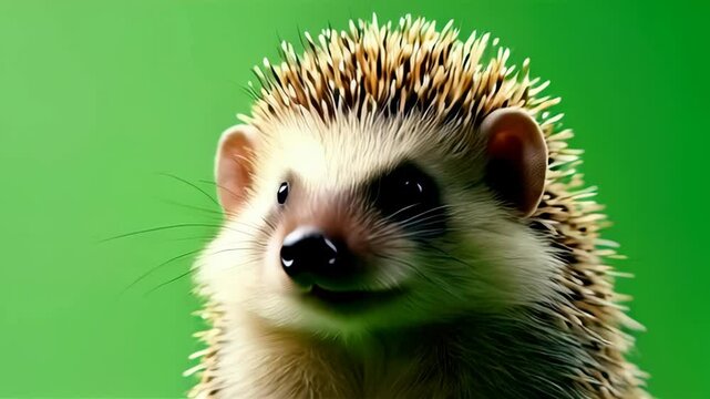 Close-up portrait of a hedgehog with brown and beige quills against a vibrant green background, concept for pet, wildlife, and nature illustration projects
