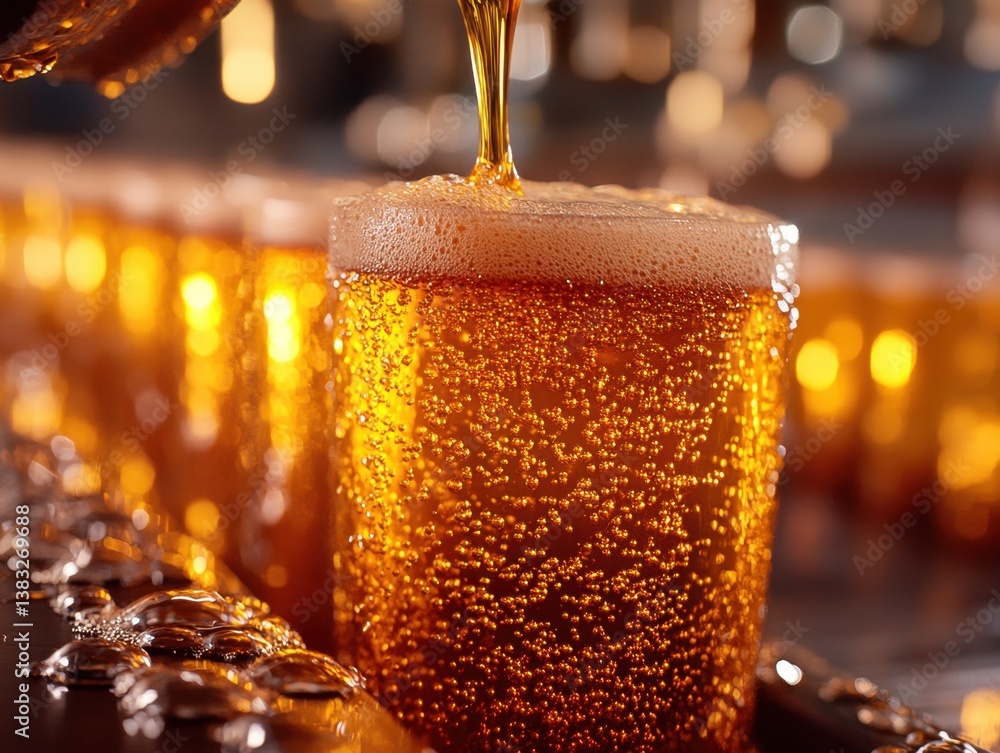 Poster golden liquid cascading into a frothy beer glass creating a refreshing and inviting atmosphere with 