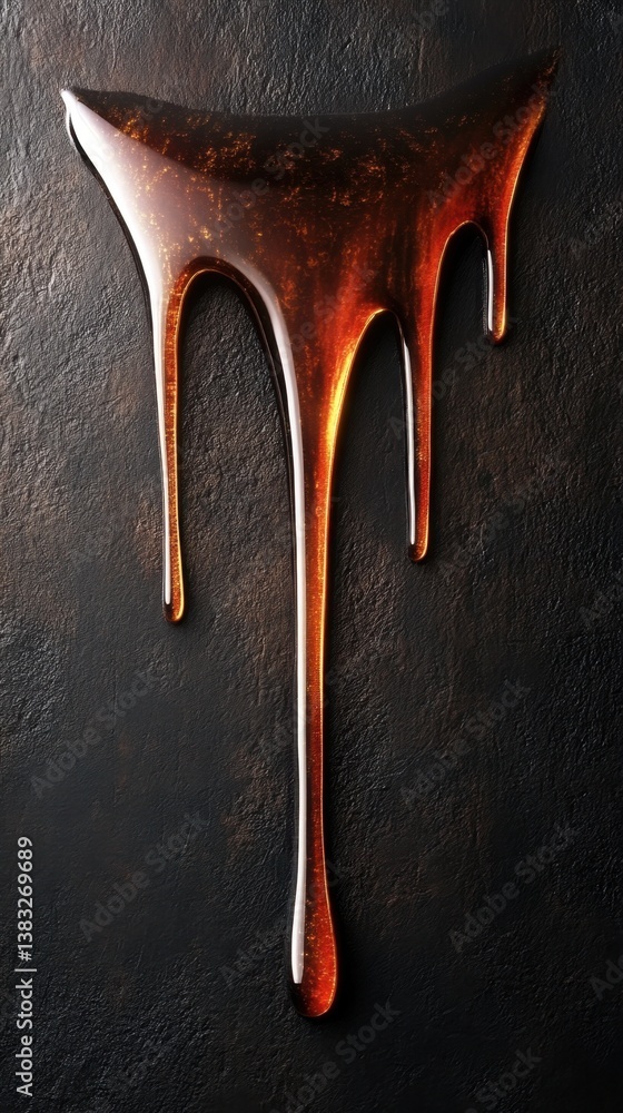 Poster golden honey dripping down a dark textured surface with a dramatic light creating a warm and invitin