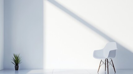 Minimalist white office corner with mock-up wall, clean and modern design, bathed in natural light.