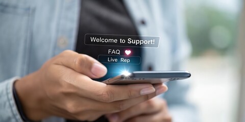 hands holding a smartphone, interface shows support, a user interacting with a mobile app, and the text "Welcome to Support" showcasing customer service and online support