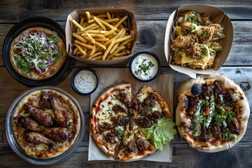 Overhead view of various food items including pizza fries and sauces on table.