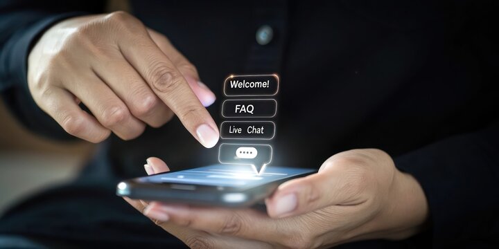 person's hand interacting with a smartphone, with welcome, FAQ and live chat options visible on the screen, showcasing customer service and online support