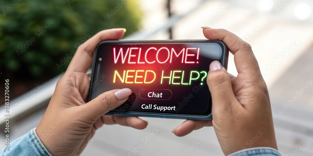 Poster a person holding a smartphone with welcome message and customer support options displayed on the scr