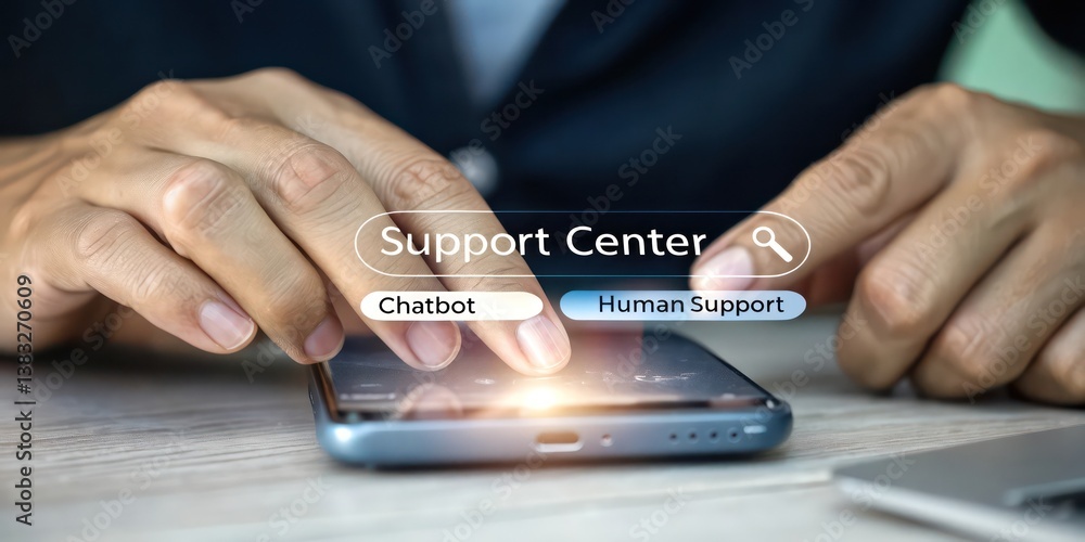 Aufkleber hands interacting with smartphone screen, highlighting support center options: chatbot and human sup