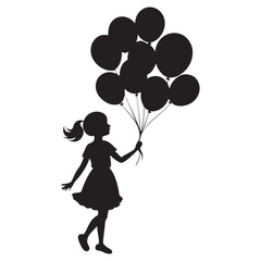 A black silhouette of a young girl holding multiple balloons, floating upwards.
 The girl is wearing a dress and has her hair tied in a ponytail. The background is plain white, and the balloons are ro