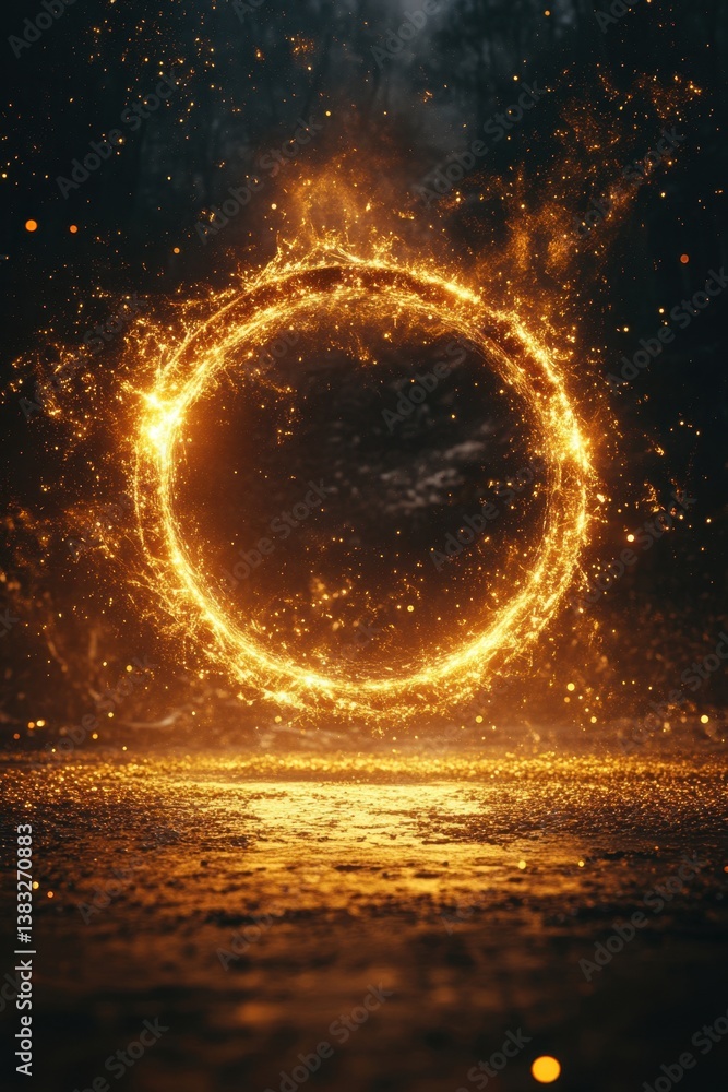 Poster ethereal glowing circle of light amidst a dark landscape creating a magical and mysterious atmospher