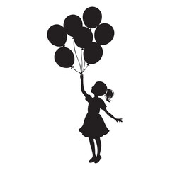 A black silhouette of a young girl holding multiple balloons, floating upwards.
 The girl is wearing a dress and has her hair tied in a ponytail. The background is plain white, and the balloons are ro