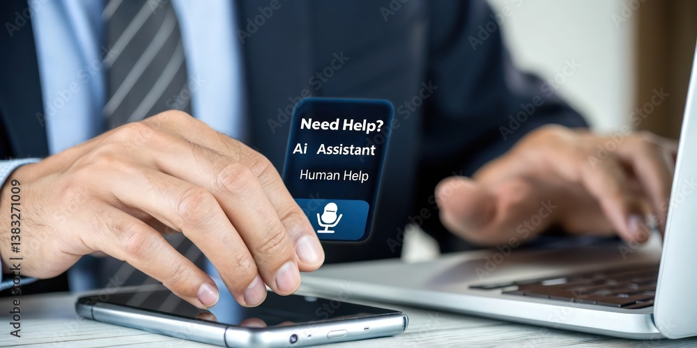 Poster a businessman using a smart assistant on his phone, conceptualizing communication and help. the pers